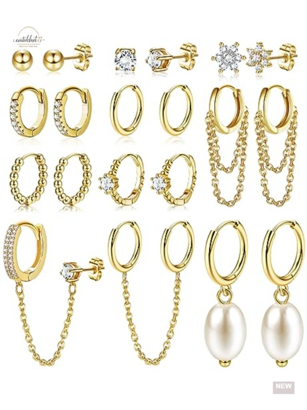 14K Gold Plated Huggie Hoop Earrings Set for Women Double Piercing Chain